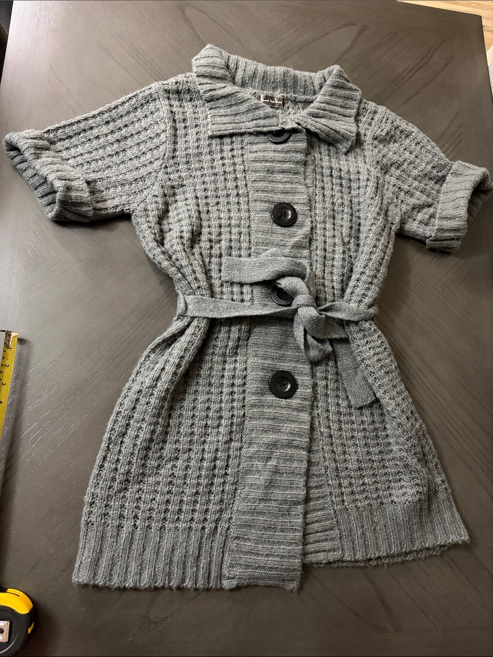 Gray Knit Belted Short-Sleeve Coat